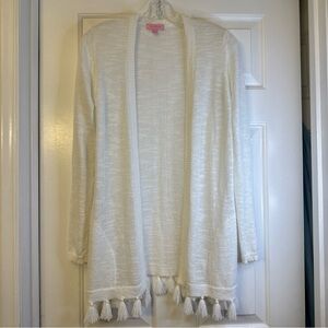 Lilly Pulitzer Edita Cardigan Sweater Tassel Trim Resort White Pockets Size M